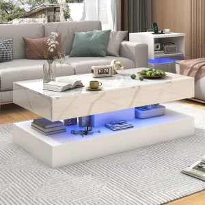 Modern Double-Layer LED Coffee Table with 2 Storage Drawers
